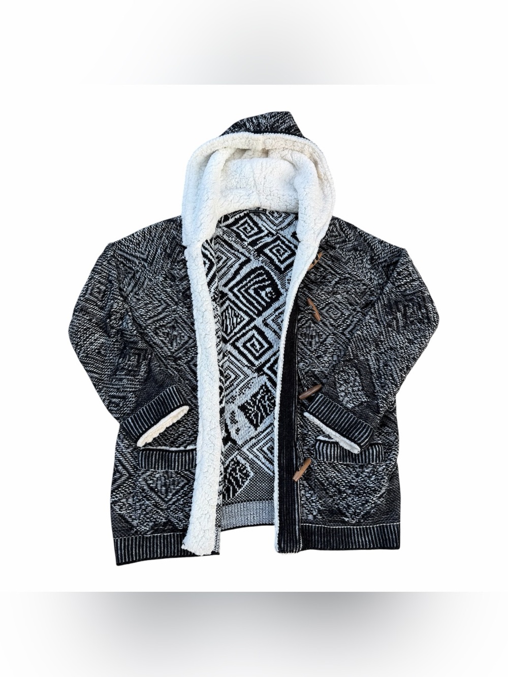 Coco + Carmen Sherpa-Lined Hooded Cardigan Sweater w/ Wood-Toggle Buttons L/XL